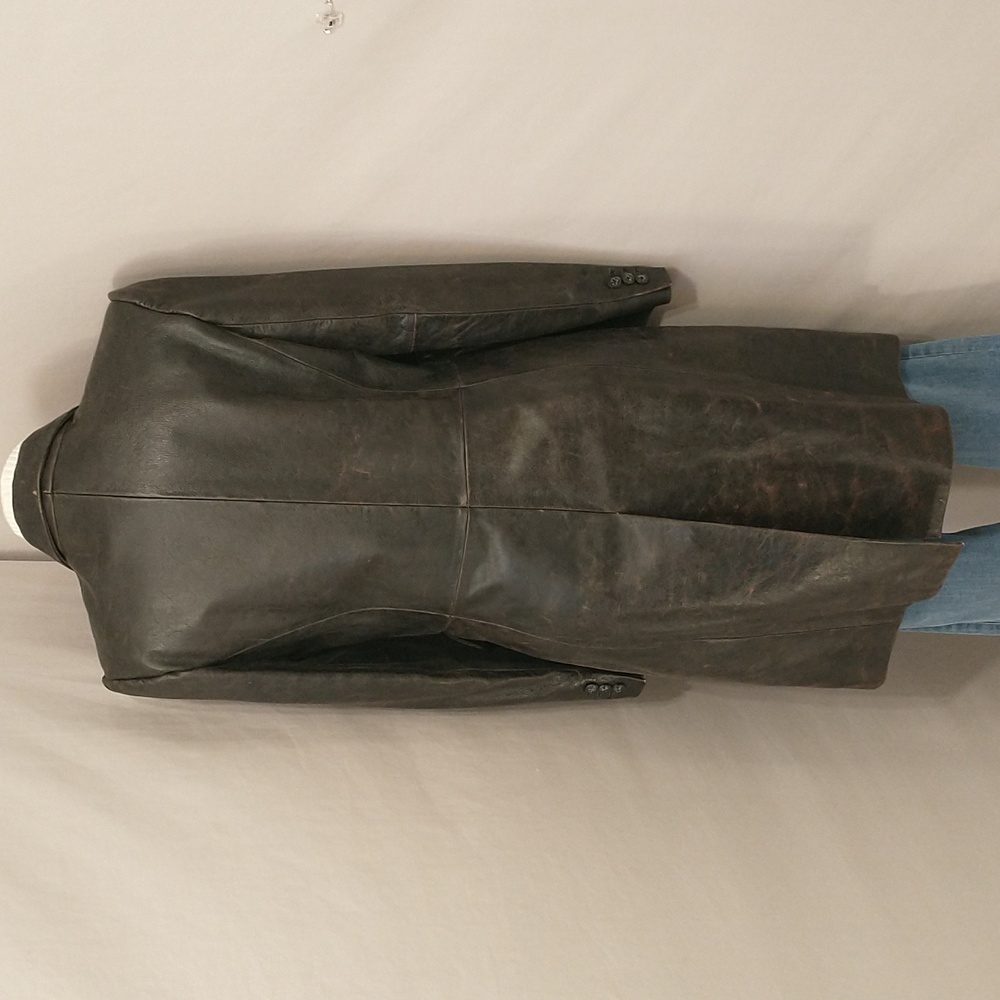 Leather Dark Brown Coat 40" Long Classic Trench Style LG 12 See Measurements - Picture 4 of 10
